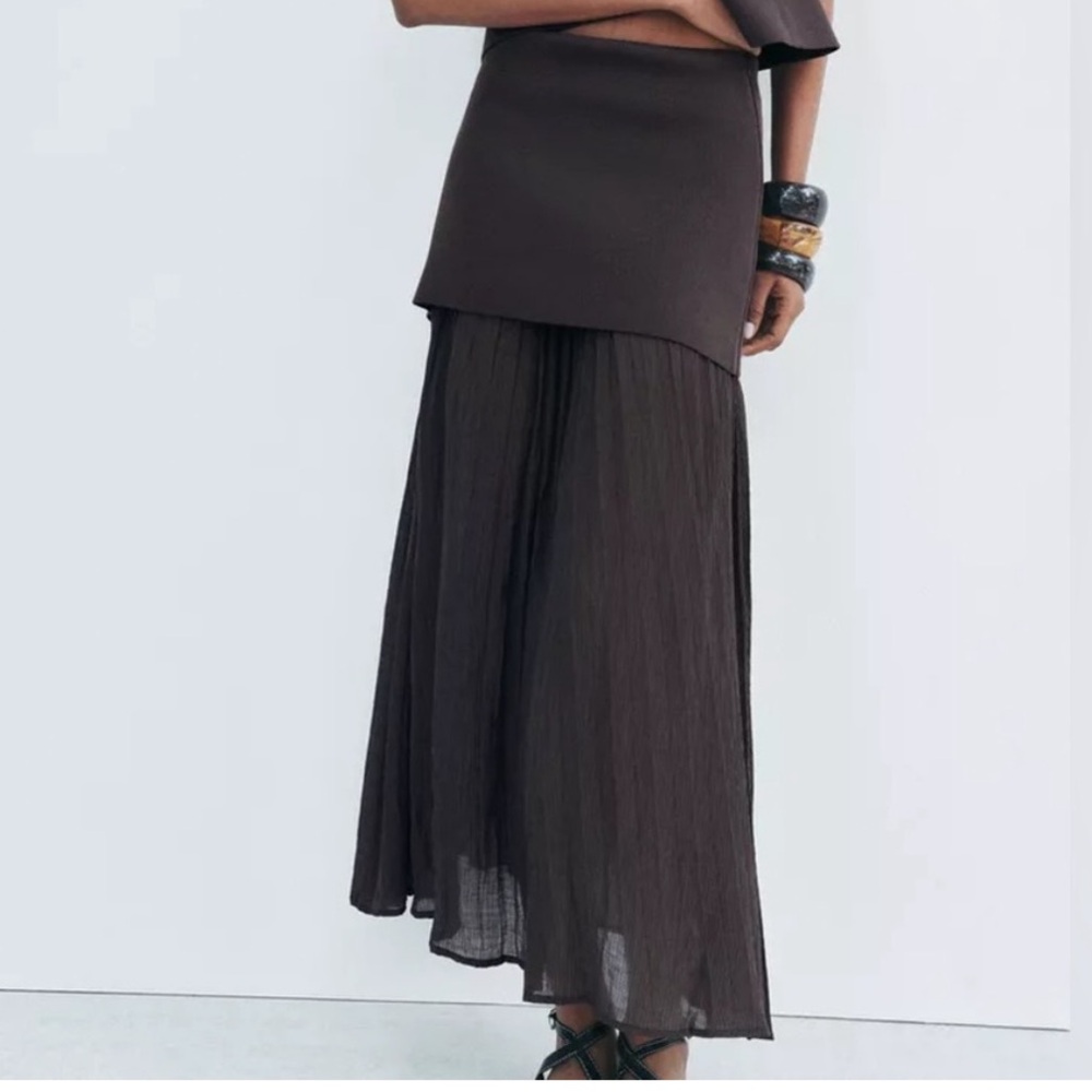 Zara NWT dark brown mixed combination midi pleated contrasting skirt - Picture 15 of 15